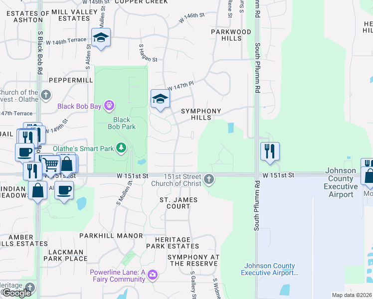 map of restaurants, bars, coffee shops, grocery stores, and more near 13931 West 150th Court in Olathe