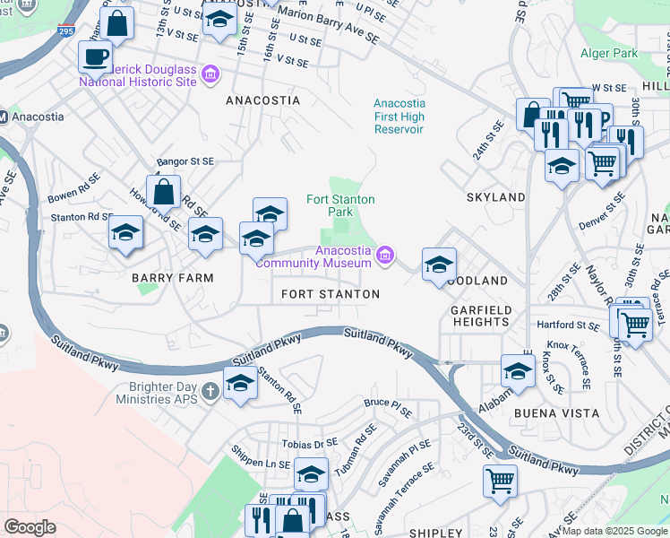 map of restaurants, bars, coffee shops, grocery stores, and more near 2413 18th Street Southeast in Washington