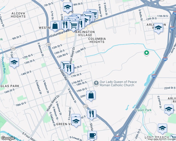 map of restaurants, bars, coffee shops, grocery stores, and more near 2812B 16th Road South in Arlington