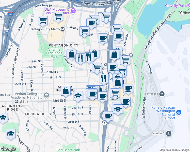 map of restaurants, bars, coffee shops, grocery stores, and more near 1900 South Eads Street in Arlington