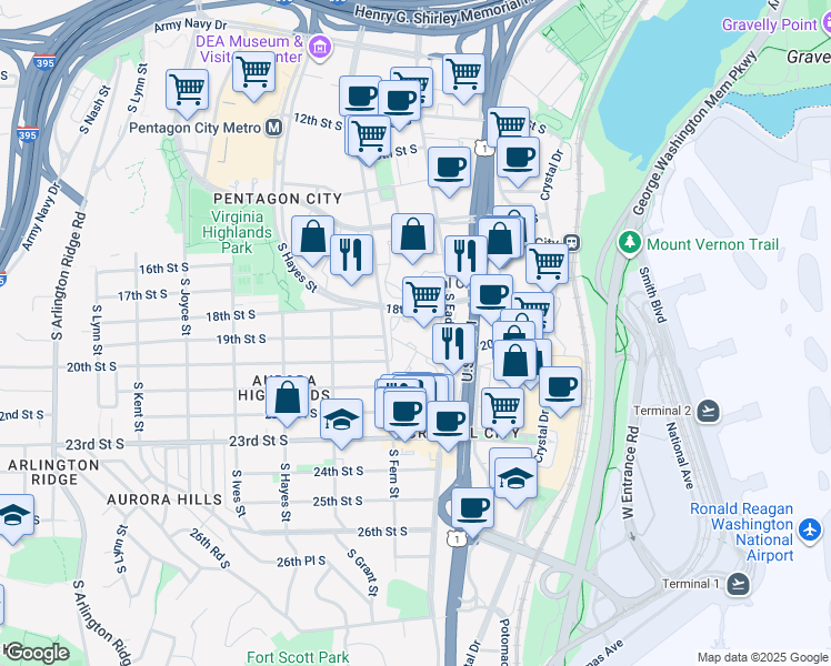 map of restaurants, bars, coffee shops, grocery stores, and more near 1900 South Eads Street in Arlington