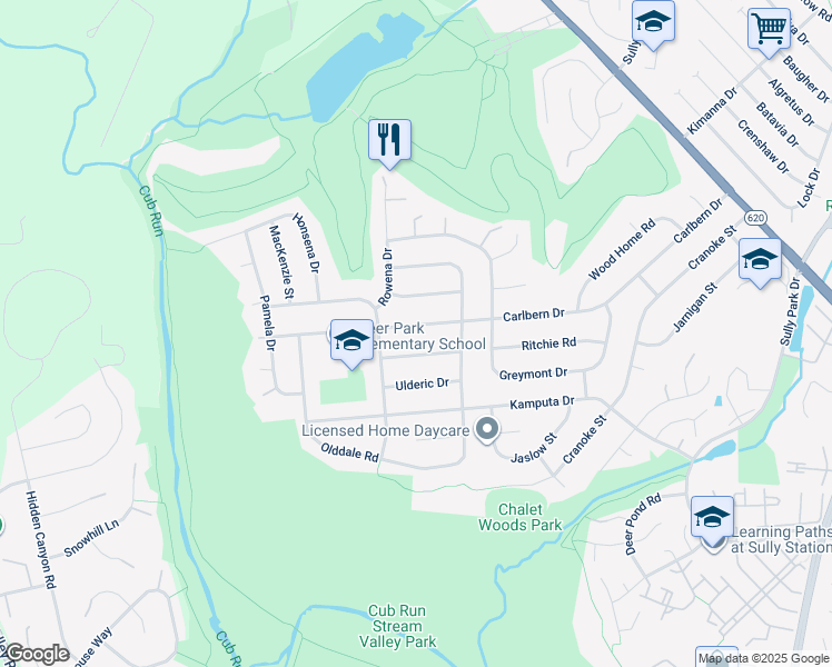 map of restaurants, bars, coffee shops, grocery stores, and more near 15015 Carlbern Drive in Centreville