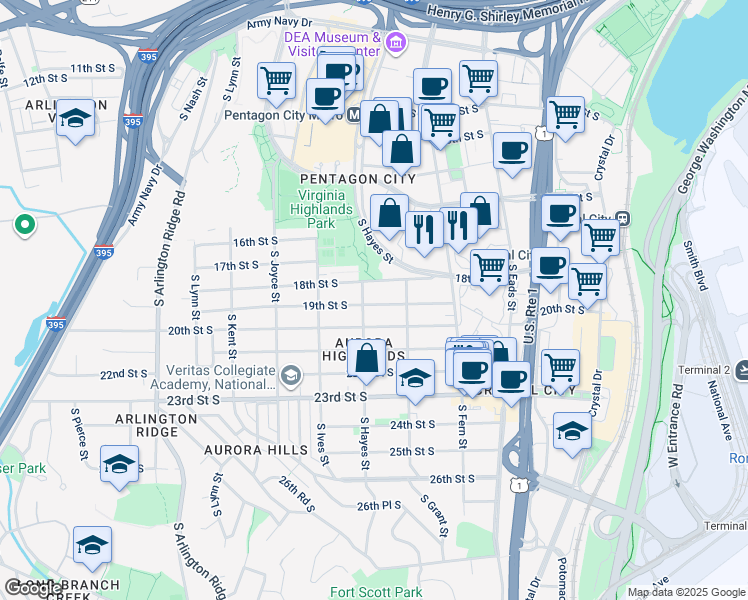 map of restaurants, bars, coffee shops, grocery stores, and more near 731 19th Street South in Arlington