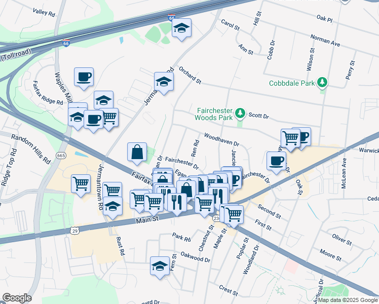 map of restaurants, bars, coffee shops, grocery stores, and more near 3818 Ren Road in Fairfax