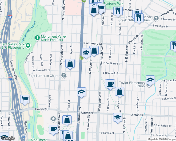 map of restaurants, bars, coffee shops, grocery stores, and more near 1525 North Weber Street in Colorado Springs