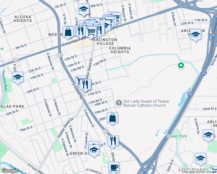 map of restaurants, bars, coffee shops, grocery stores, and more near 2812B 16th Road South in Arlington