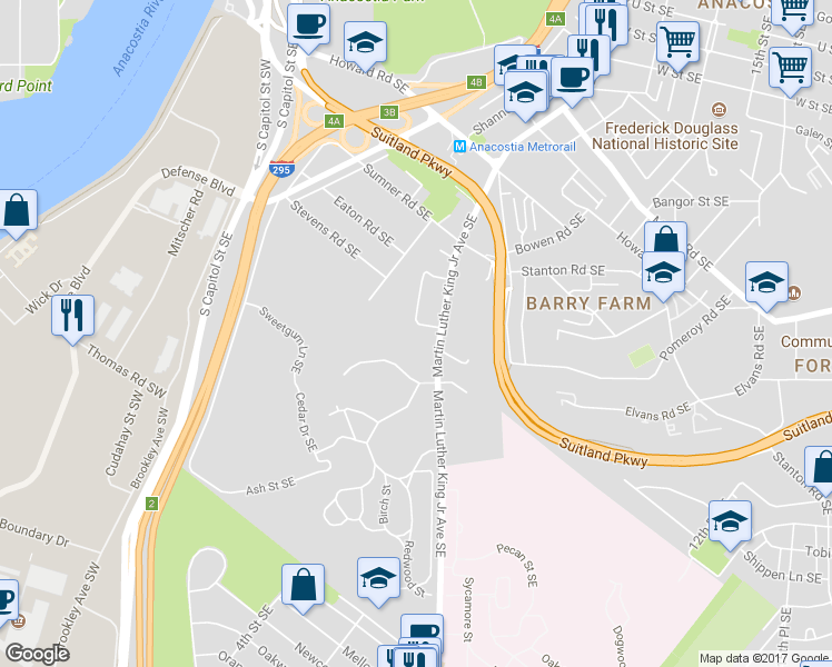 map of restaurants, bars, coffee shops, grocery stores, and more near 2906 Pomeroy Road Southeast in Washington