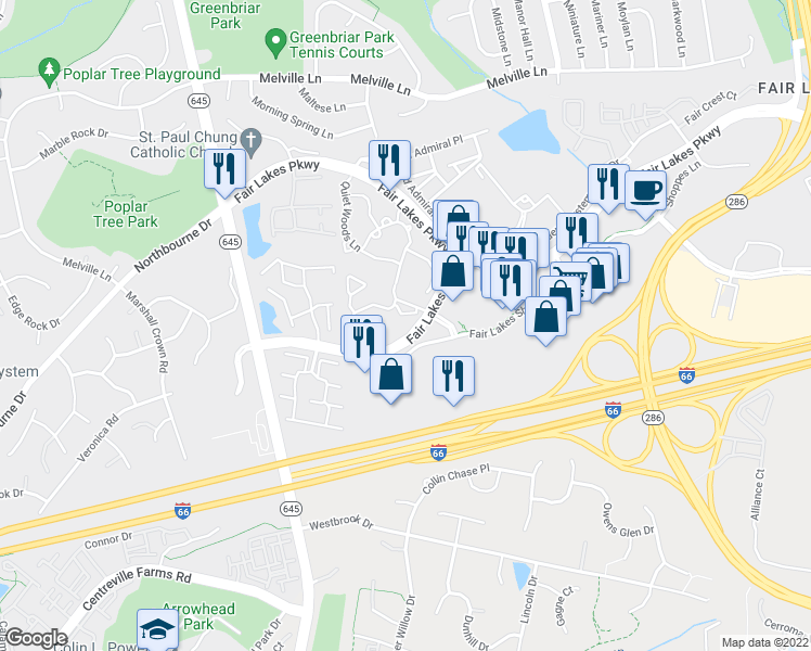 map of restaurants, bars, coffee shops, grocery stores, and more near 4408 Helmsford Lane in Fairfax