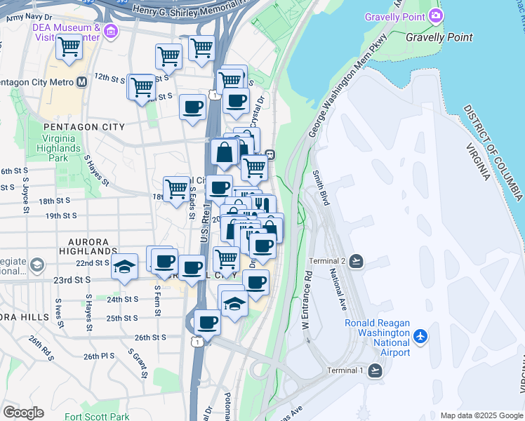 map of restaurants, bars, coffee shops, grocery stores, and more near 1805 Crystal Drive in Arlington