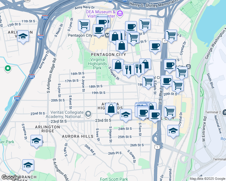 map of restaurants, bars, coffee shops, grocery stores, and more near 731 19th Street South in Arlington