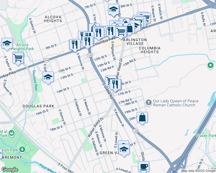 map of restaurants, bars, coffee shops, grocery stores, and more near 1507 South Glebe Road in Arlington