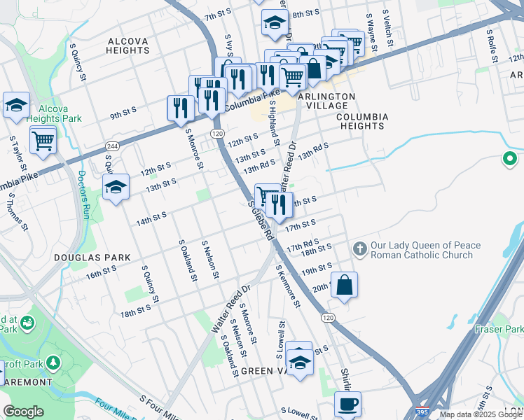 map of restaurants, bars, coffee shops, grocery stores, and more near 1507 South Glebe Road in Arlington