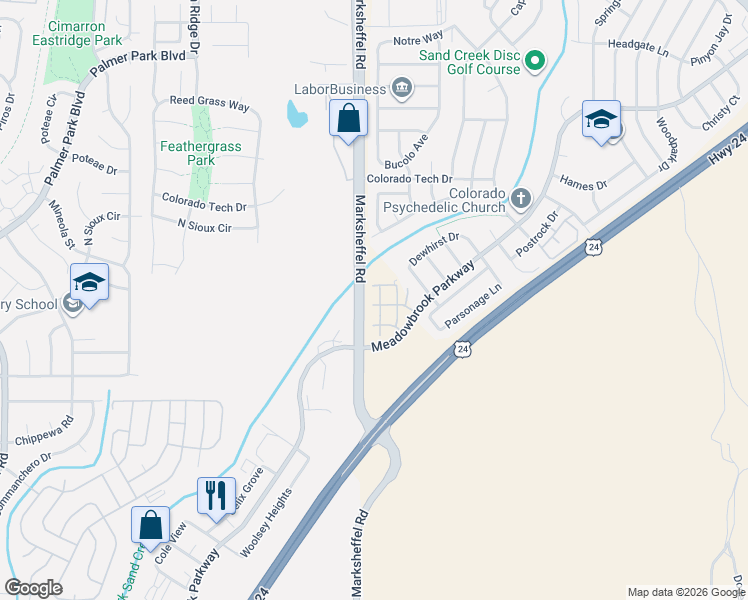 map of restaurants, bars, coffee shops, grocery stores, and more near 1250 Meadowbrook Parkway in Colorado Springs
