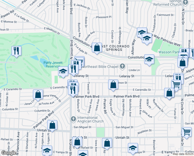 map of restaurants, bars, coffee shops, grocery stores, and more near 2020 Mount Vernon Street in Colorado Springs