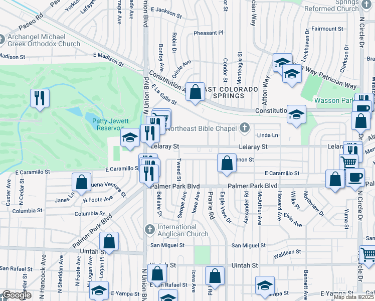 map of restaurants, bars, coffee shops, grocery stores, and more near 2020 Mount Vernon Street in Colorado Springs