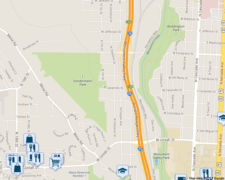 map of restaurants, bars, coffee shops, grocery stores, and more near 1514 North Chestnut Street in Colorado Springs