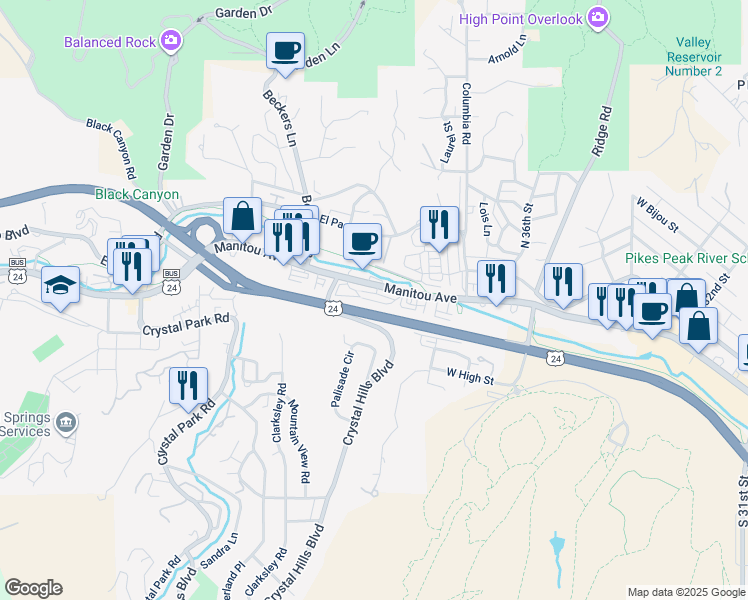 map of restaurants, bars, coffee shops, grocery stores, and more near 23 U.S. 24 Business in Manitou Springs