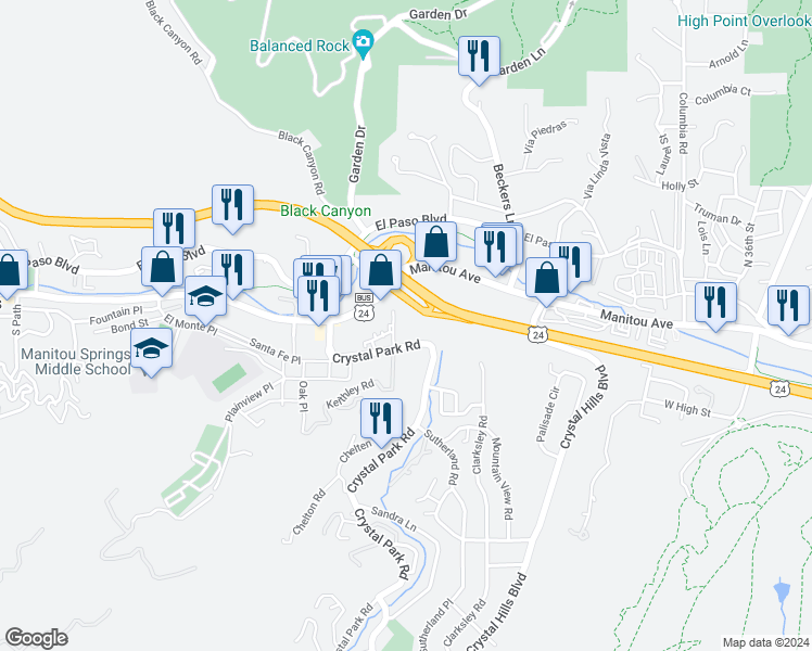 map of restaurants, bars, coffee shops, grocery stores, and more near 111 Crystal Park Road in Manitou Springs