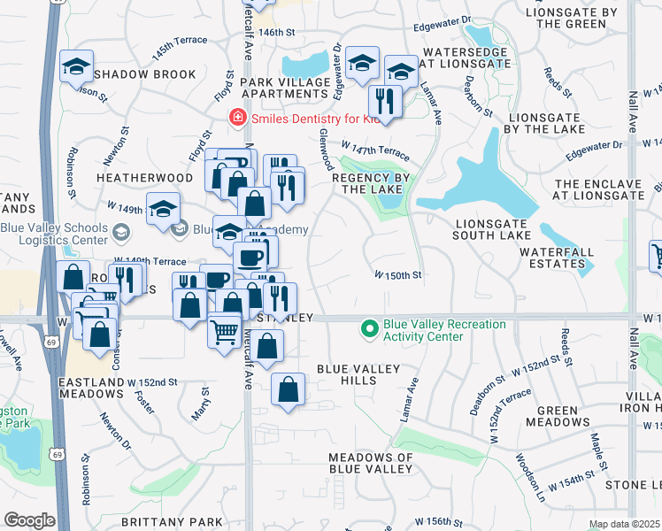 map of restaurants, bars, coffee shops, grocery stores, and more near 6627 West 150th Street in Overland Park