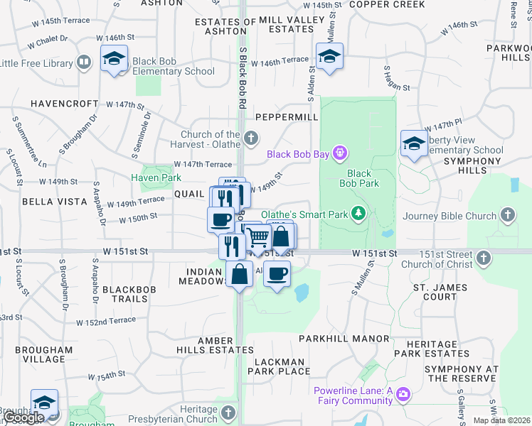 map of restaurants, bars, coffee shops, grocery stores, and more near 15001 West 150th Street in Olathe