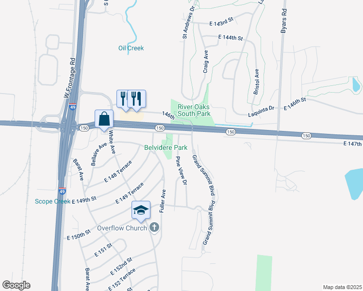 map of restaurants, bars, coffee shops, grocery stores, and more near 14801 Pine View Drive in Grandview