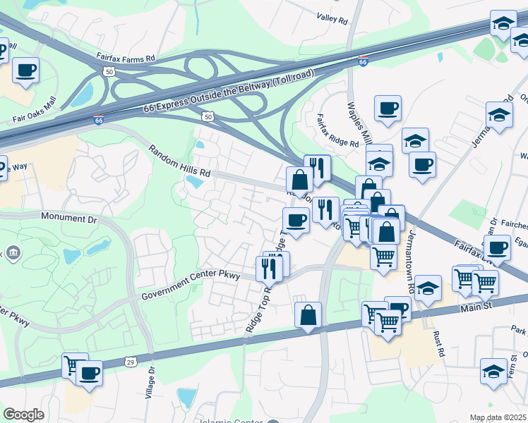 map of restaurants, bars, coffee shops, grocery stores, and more near 4127 Fountainside Lane in Fairfax