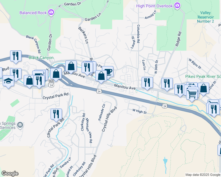 map of restaurants, bars, coffee shops, grocery stores, and more near 23 U.S. 24 Business in Manitou Springs