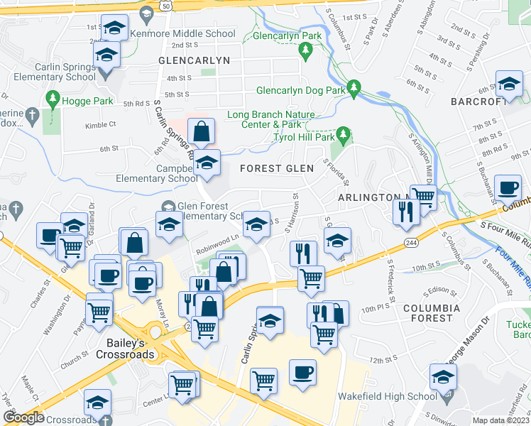 map of restaurants, bars, coffee shops, grocery stores, and more near 5516 8th Street South in Arlington