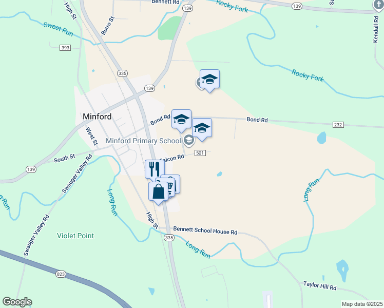 map of restaurants, bars, coffee shops, grocery stores, and more near 135 Falcon Road in Minford