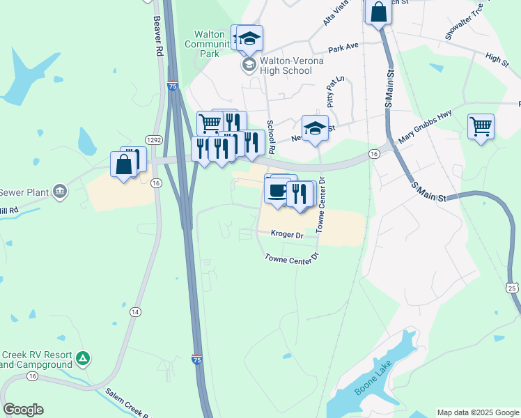 map of restaurants, bars, coffee shops, grocery stores, and more near Towne Center Drive in Walton