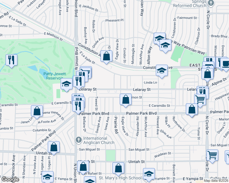 map of restaurants, bars, coffee shops, grocery stores, and more near in Colorado Springs