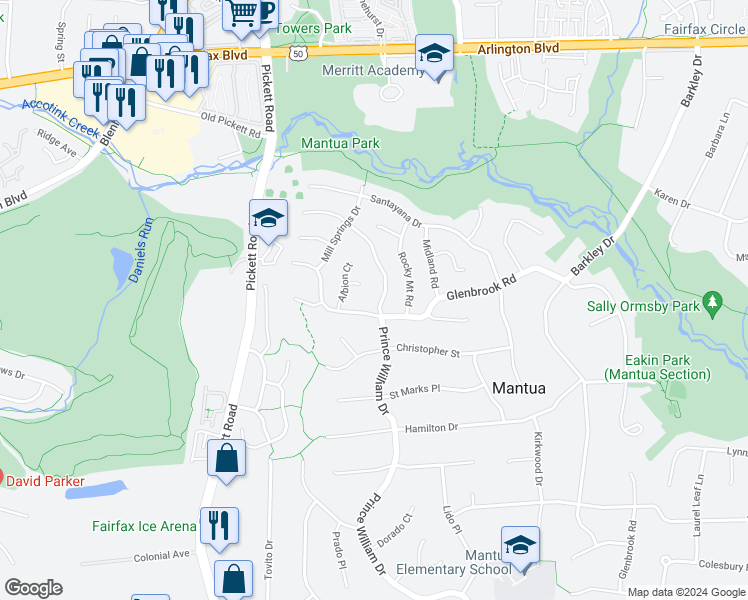 map of restaurants, bars, coffee shops, grocery stores, and more near 3328 Prince William Drive in Fairfax