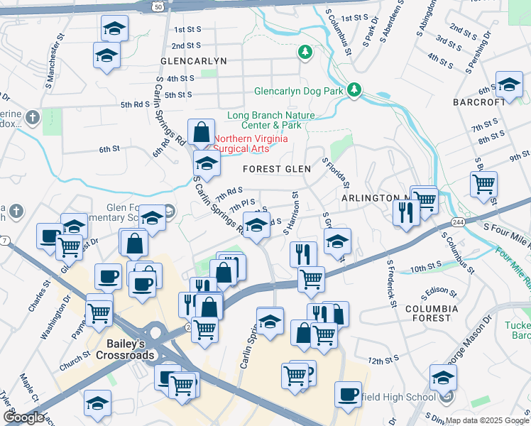 map of restaurants, bars, coffee shops, grocery stores, and more near 5516 8th Street South in Arlington