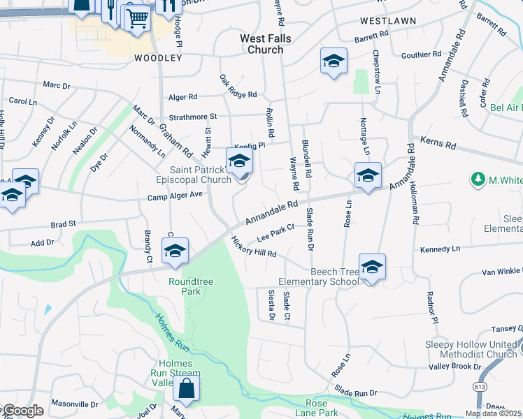 map of restaurants, bars, coffee shops, grocery stores, and more near 3282 Annandale Road in Falls Church