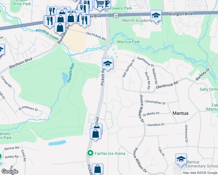 map of restaurants, bars, coffee shops, grocery stores, and more near 3431 Preservation Drive in Fairfax