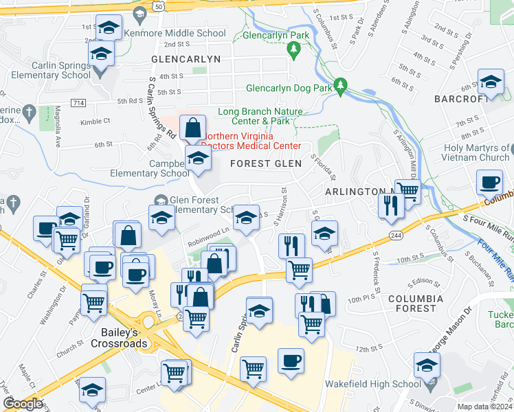 map of restaurants, bars, coffee shops, grocery stores, and more near 5514 8th Street South in Arlington