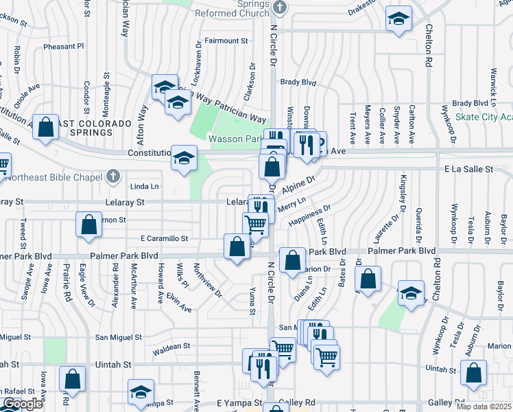 map of restaurants, bars, coffee shops, grocery stores, and more near 1616 North Circle Drive in Colorado Springs