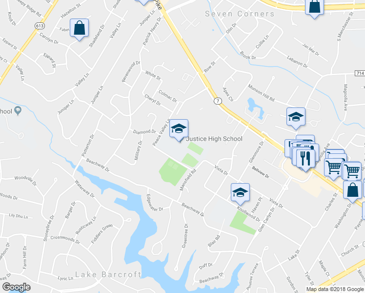map of restaurants, bars, coffee shops, grocery stores, and more near 3301 Peace Valley Ln in Falls Church