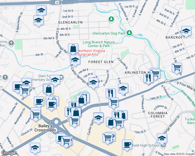 map of restaurants, bars, coffee shops, grocery stores, and more near 5514 8th Street South in Arlington