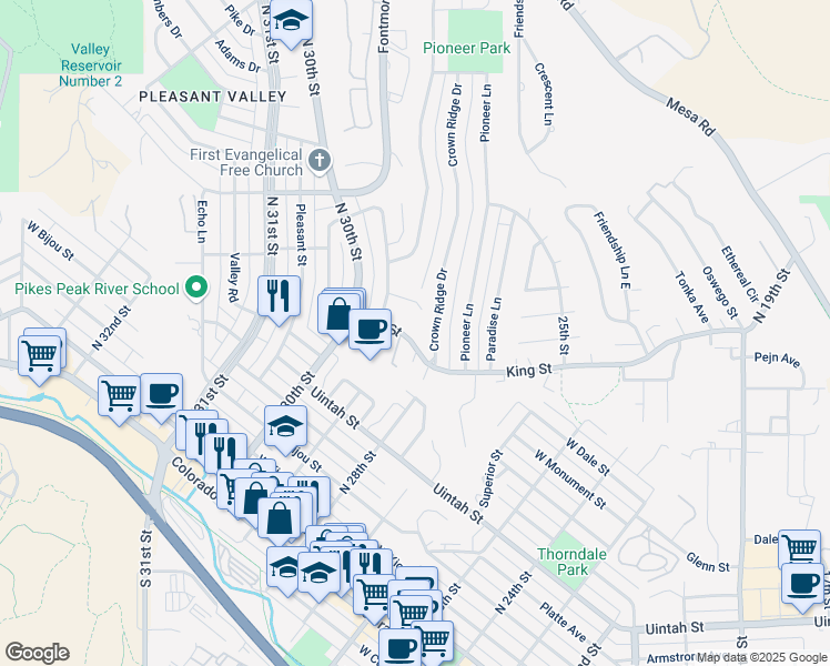map of restaurants, bars, coffee shops, grocery stores, and more near in Colorado Springs