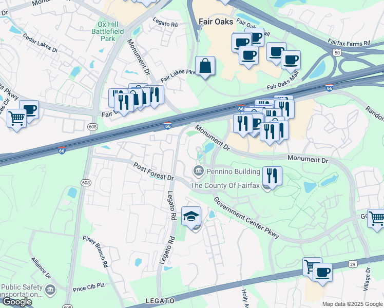 map of restaurants, bars, coffee shops, grocery stores, and more near 12055 Government Center Parkway in Fairfax