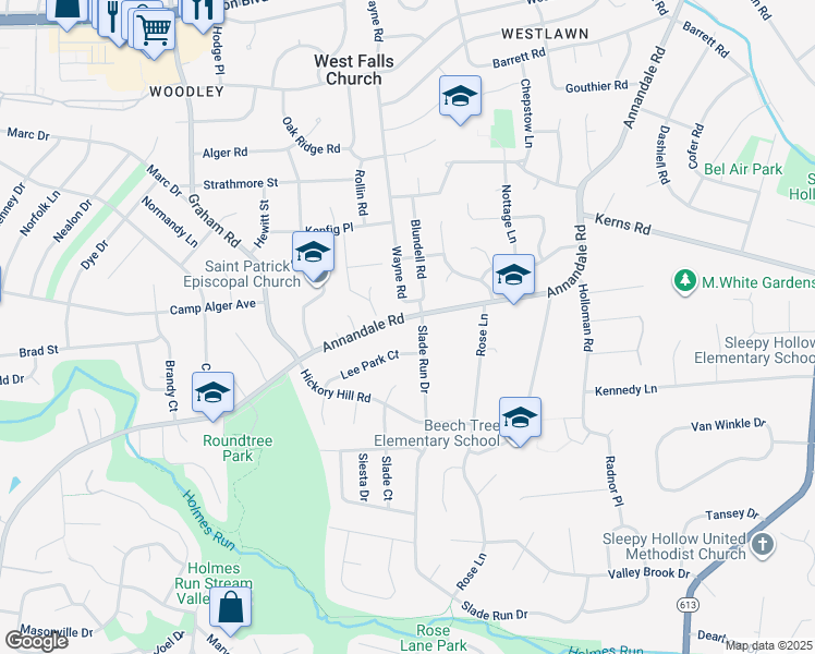 map of restaurants, bars, coffee shops, grocery stores, and more near 3263 Annandale Road in Falls Church
