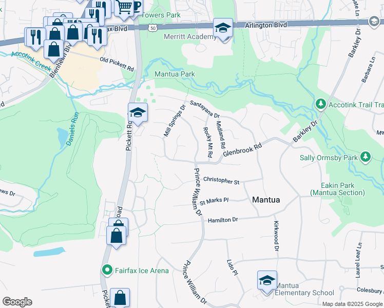 map of restaurants, bars, coffee shops, grocery stores, and more near 3328 Prince William Drive in Fairfax