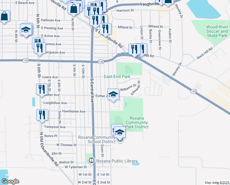 map of restaurants, bars, coffee shops, grocery stores, and more near 601 Chaffer Avenue in Roxana