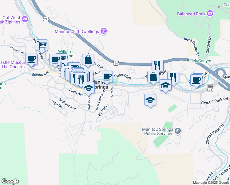 map of restaurants, bars, coffee shops, grocery stores, and more near 33 Fountain Place in Manitou Springs