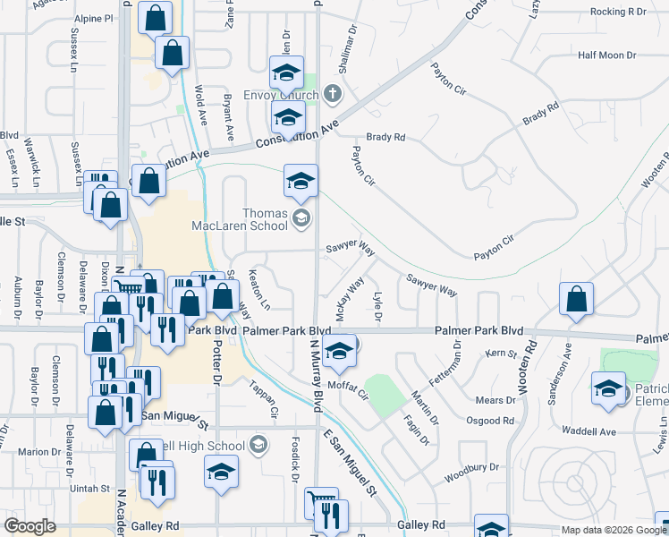 map of restaurants, bars, coffee shops, grocery stores, and more near 1534 McKay Way in Colorado Springs