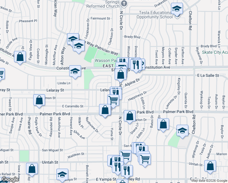 map of restaurants, bars, coffee shops, grocery stores, and more near 1616 North Circle Drive in Colorado Springs