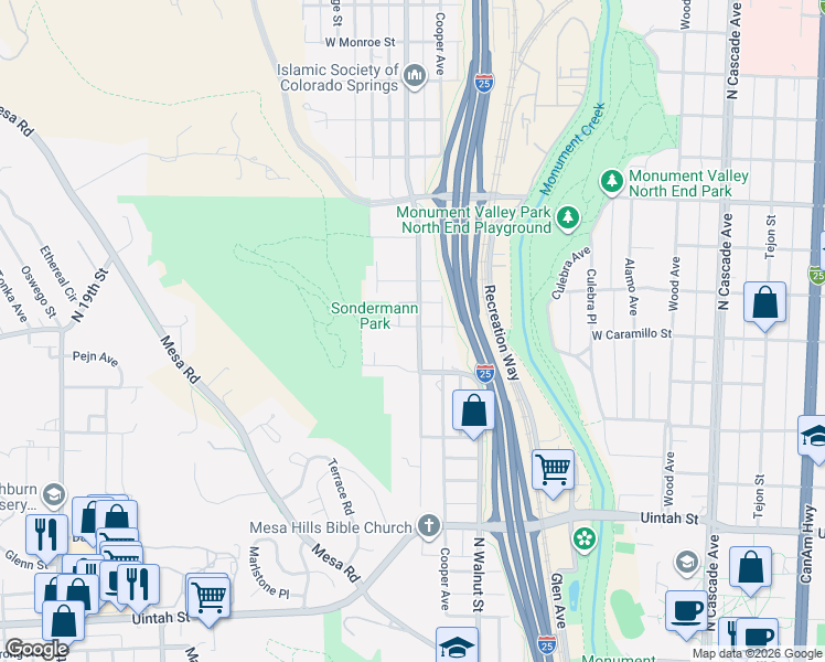 map of restaurants, bars, coffee shops, grocery stores, and more near 1514 North Chestnut Street in Colorado Springs