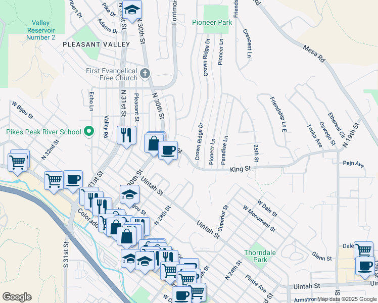 map of restaurants, bars, coffee shops, grocery stores, and more near in Colorado Springs