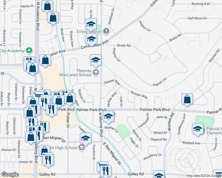 map of restaurants, bars, coffee shops, grocery stores, and more near 1625 North Murray Boulevard in Colorado Springs